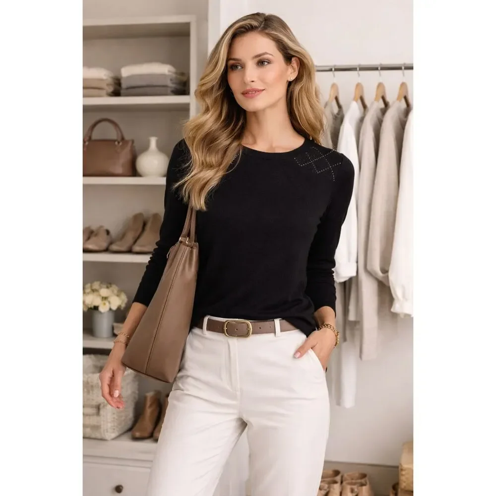 Brunello Cucinelli Cashmere Sweater Black Monili Crystal Bateau Neck L